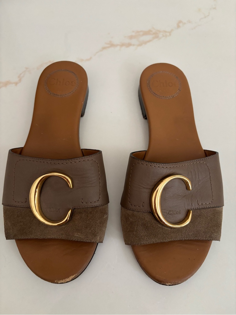 Chloé Brown Leather & Suede Slide Mules with Gold 'C' Accent